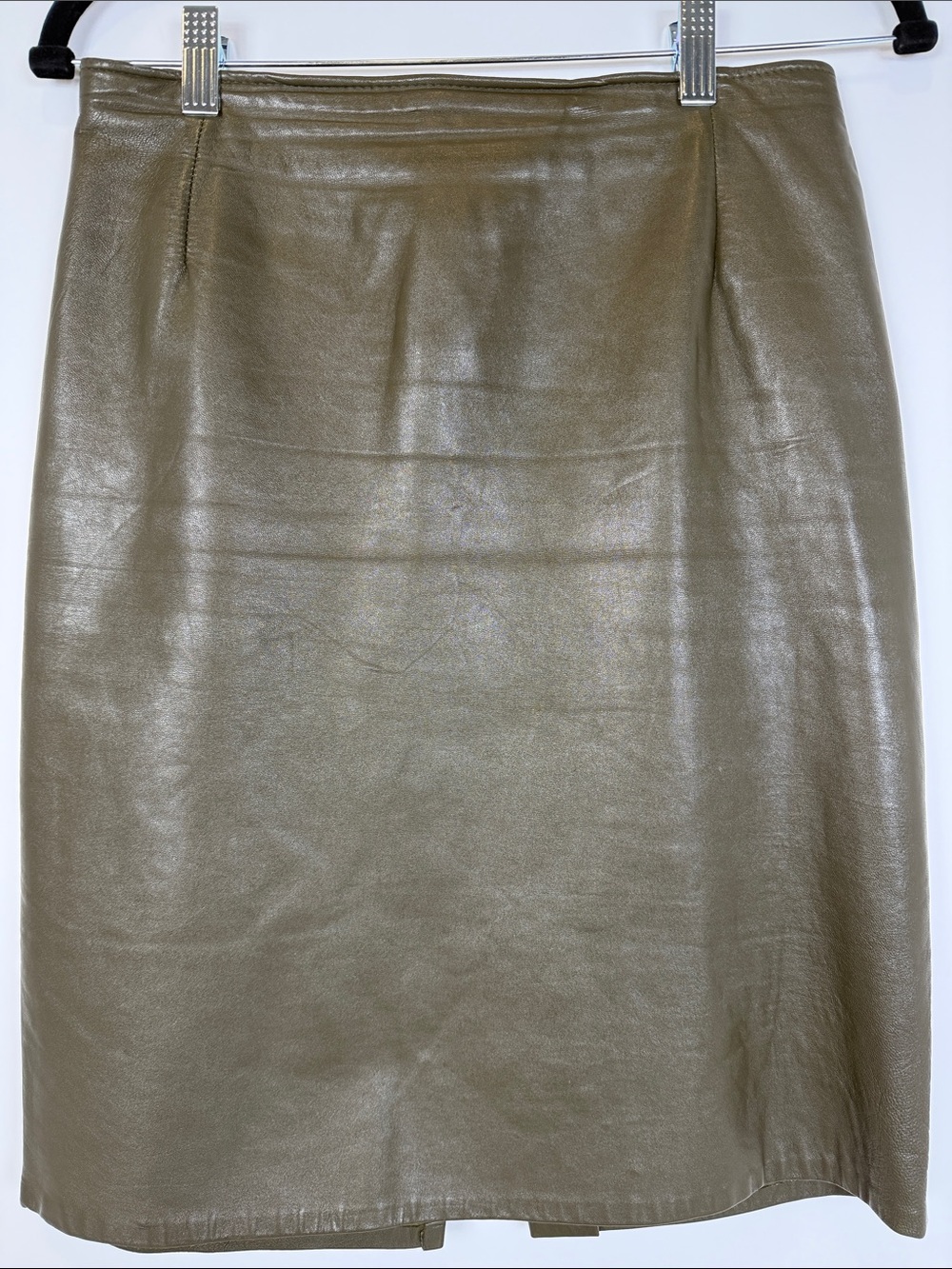 ✨ Vintage Firenze Santa Barbara Olive Green Genuine Leather Skirt Size 8 EUC